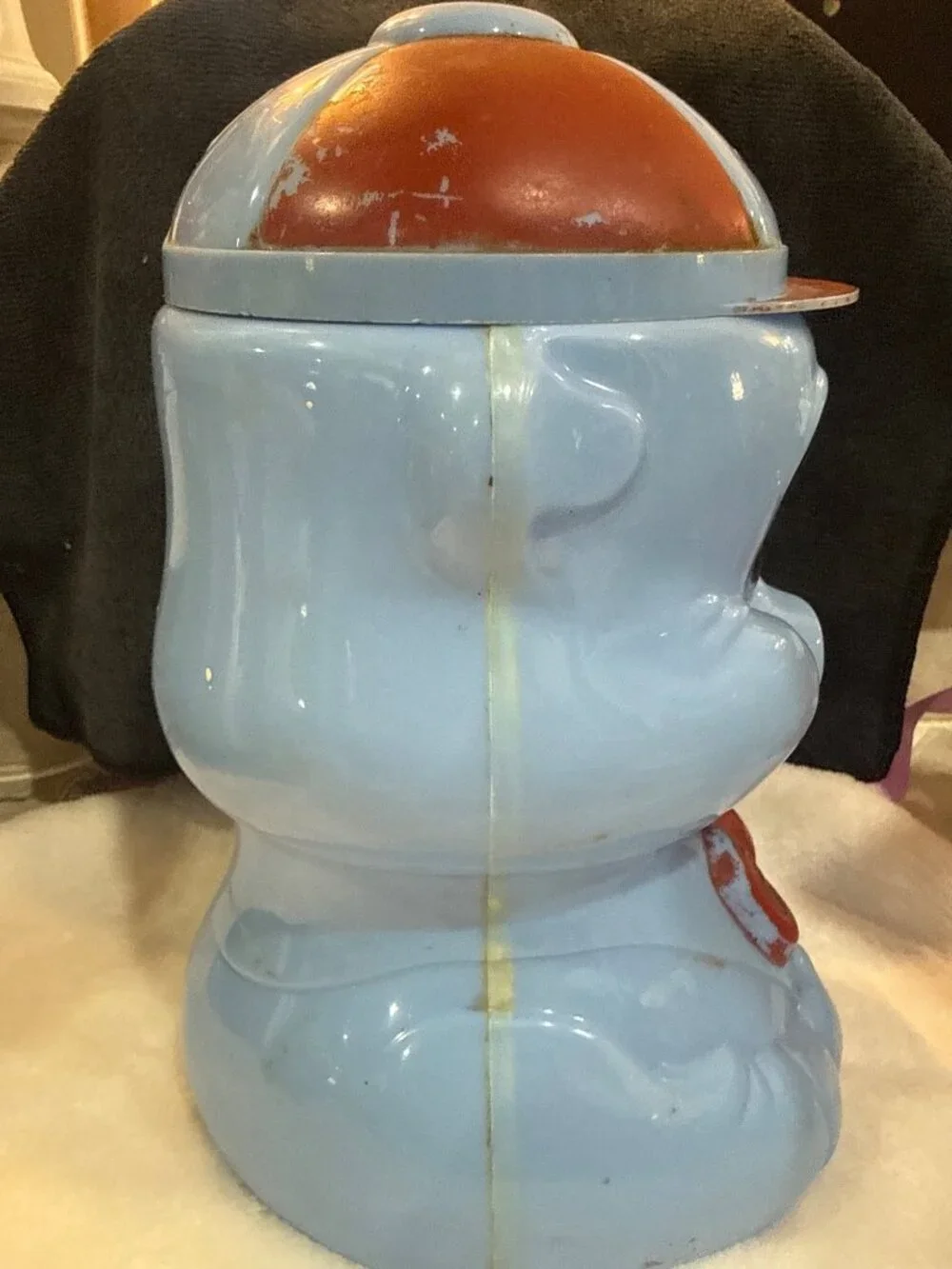 Vintage Blue & Red Celluloid porky pig cookie jar Bow Tie